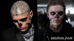 Фото тату: два портрета мужчин с татуировками черепов на лицах. Различные стили и техники исполнения татуировок.